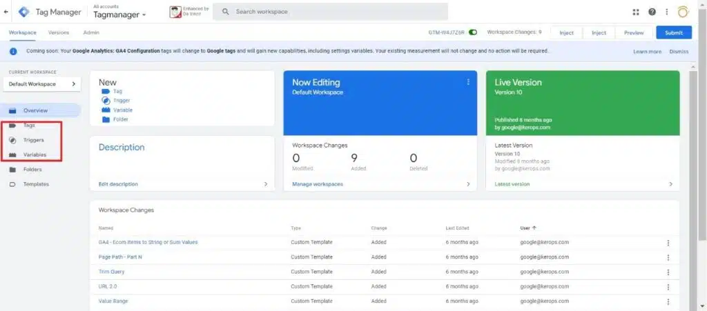 Interface Google Tag Manager