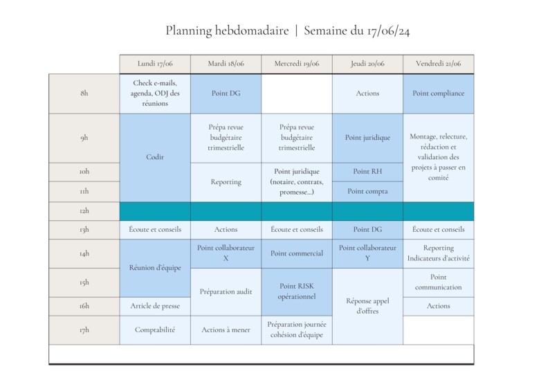 Ilustración de la agenda semanal de un director de oficina