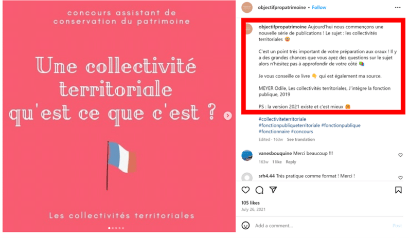 Example: on the Instagram account of @objectifpatrimoine