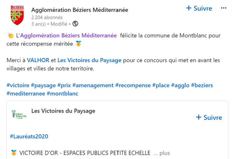 Exemple : sur la page LinkedIn de l’Agglomération Béziers Méditerranée