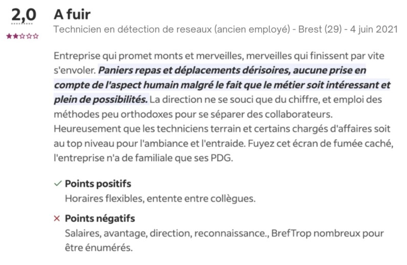 Ejemplo: 2/5 de valoración y comentario de un empleado de una empresa en Indeed "to be avoided".