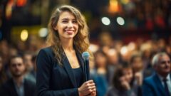 A l'arrière plan, des personnes sont assises dans une salle de conférence. Au premier plan, une jeune femme souriante se tient debout et droite, un micro dans les mains. Elle va prendre la parole avec leadership.