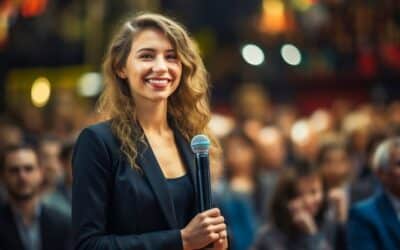 A l'arrière plan, des personnes sont assises dans une salle de conférence. Au premier plan, une jeune femme souriante se tient debout et droite, un micro dans les mains. Elle va prendre la parole avec leadership.