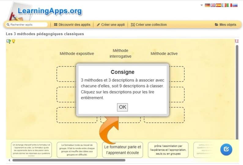 Screenshot of Learning apps. Instructions: 3 methods and 3 descriptions to be combined, i.e. 9 descriptions to be classified in 3 columns. Column 1: expository method. Column 2: interrogative method. Column 3: active method.