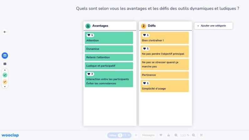 Screenshot of Wooclap. In your opinion, what are the advantages and challenges of dynamic and fun tools? Participants note their answers in two columns, on the left the advantages, on the right the challenges.