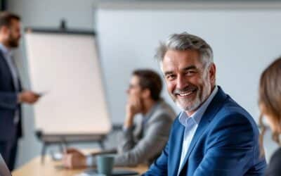 Imagen ilustrativa del artículo de ORSYS "Formar al director de empresa: ¿cuáles son las ventajas y cuáles los obstáculos?" En primer plano, un hombre sonriente sentado en una sala de formación. En segundo plano, el formador da explicaciones a los participantes.