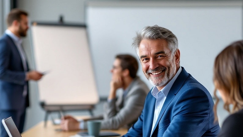 Illustration image from the ORSYS article "Training the company director: what are the benefits and what are the obstacles?" In the foreground, a smiling man sitting in a training room. In the background, the trainer gives explanations to the participants.