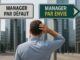 Illustration of the article "how to make managers want to get involved again". In a business district, a manager has to choose a direction. Two road signs point in opposite directions: to the left "manager by default", to the right "manager by desire".